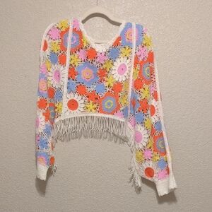 House of Harlow 1960 multicolor floral crochet fringe poncho sweater